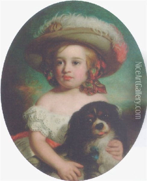 Portrait Of A Young Girl, In A White Dress And A Plumed Hat, With A Spaniel Oil Painting - Charles Baxter