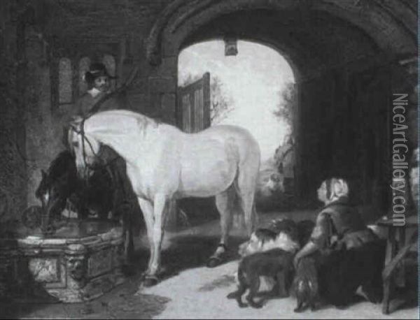 Horses Watering By A Castle Gate Oil Painting - Sir Edwin Henry Landseer