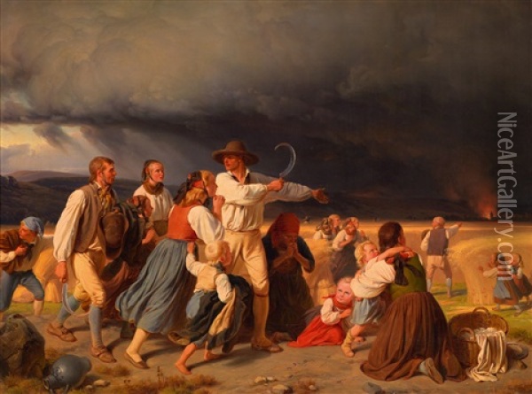 Das Gewitter, Landleute Auf Dem Felde, Den Durch Den Blitz Verursachten Brand Ihres Dorfes Gewahrend, Eilen Der Brandstatte Zu Oil Painting - Jakob (von Worms) Becker