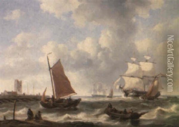 Shipping On An Estuary Oil Painting - George Willem Opdenhoff