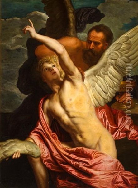 Daedalus Fixing Wings Onto The Shoulders Of Icarus Oil Painting - Pieter Thys