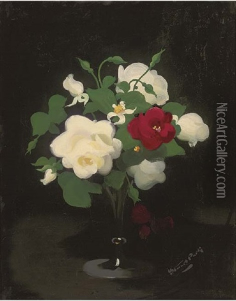 Red And White Flowers In A Glass Vase Oil Painting - Stuart James Park