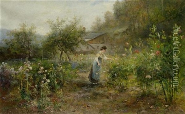 Frau In Einem Blumengarten Oil Painting - Emil Barbarini