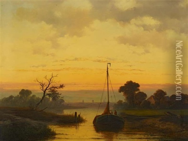 Abendstimmung Am Kanal Oil Painting - Johannes Franciscus Hoppenbrouwers