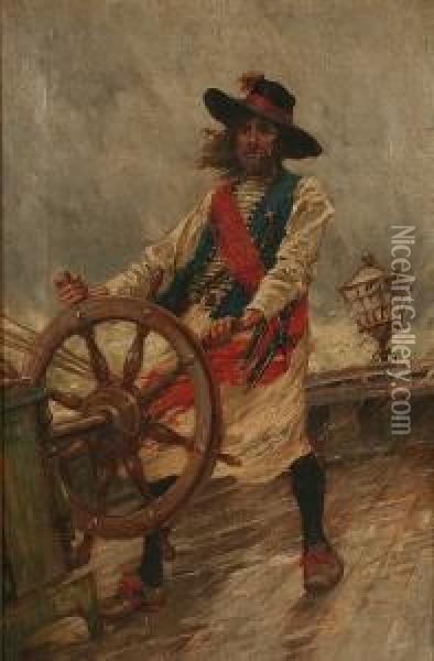 Pirate At A Ship Wheel Oil Painting - Arthur David Mccormick