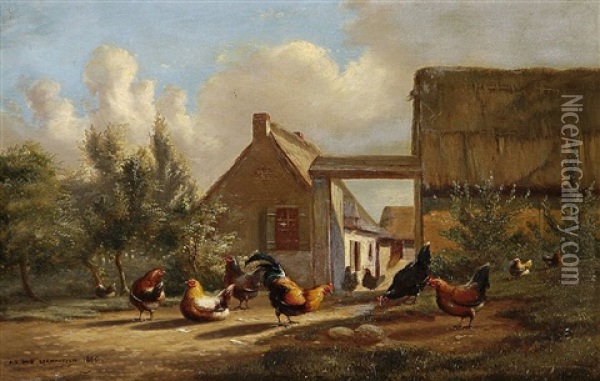 Huhnerhof (+ Another; 2 Works) Oil Painting - Johan Lodewijk Van Leemputten