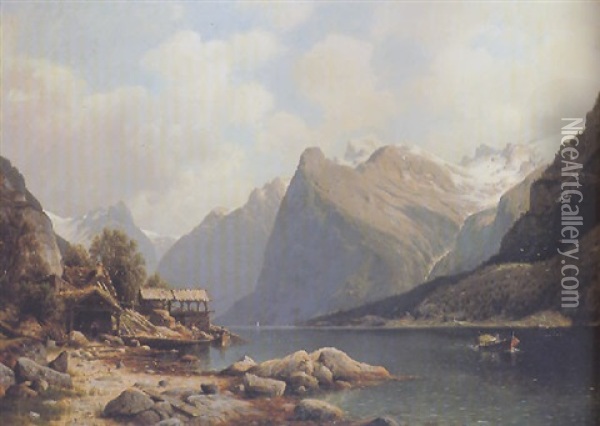 Fishing Village In The Fjords Oil Painting - Johannes Bartholomaeus Duntze