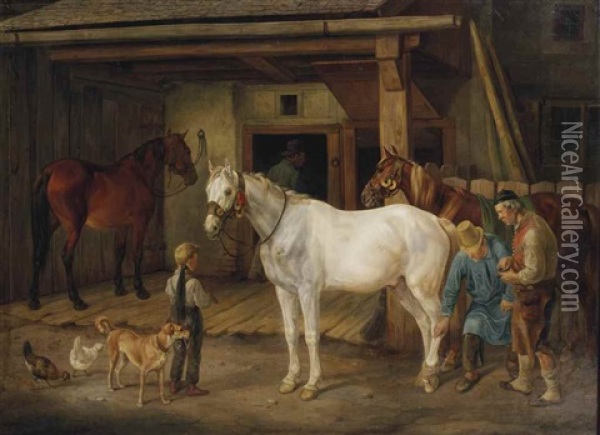 At The Blacksmith's Oil Painting - Albrecht Adam