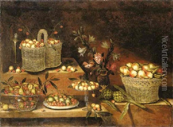 A Glass Bowl, A Pewter Plate, A Tazza And Wicker Baskets With Cherries, Apples, Pears, Figs And Other Fruits, With A Vase Of Flowers And Artichokes, On Stepped Ledges Oil Painting - Antonio Ponce