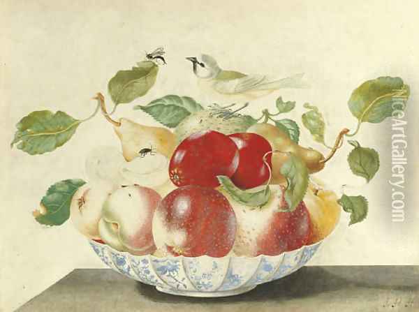 Still life with a bird and insects on a Delft bowl Oil Painting - Johanna Helena Herolt Graff