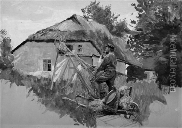Bauernkate Mit Pfeiferauchendem Mann Bei Der Arbeit Oil Painting - Christian Friedrich Gille