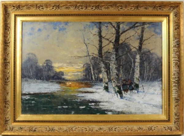 Winter Sunset Oil Painting - Jan (Czeslaw) Wasilewski