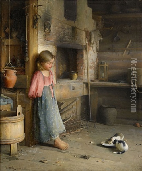 A Girl With Kittens Oil Painting - Ivan Lavrentievich Gorokhov