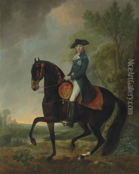 Equestrian Portrait Of An Officer, Small Full-length, In A Tricorn And Blue Frock Coat With The Star Of The Order Of The Garter, In A River Landscape Oil Painting - David Morier