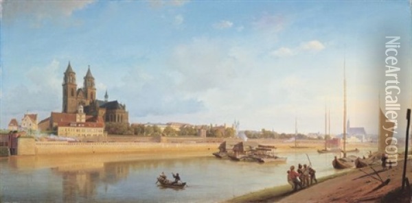 Ansicht Von Magdeburg Vom Ostlichen Elbufer Oil Painting - Johann Philipp Eduard Gaertner