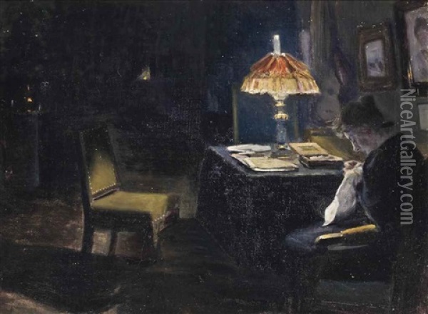 Sewing In Lamplight Oil Painting - Christian Valdemar Clausen