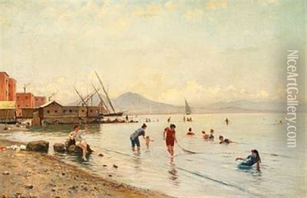 Women And Children On The Beach Of Portici At The Foot Of Mount Vesuvius In The Bay Of Naples Oil Painting - Holger Hvitfeldt Jerichau