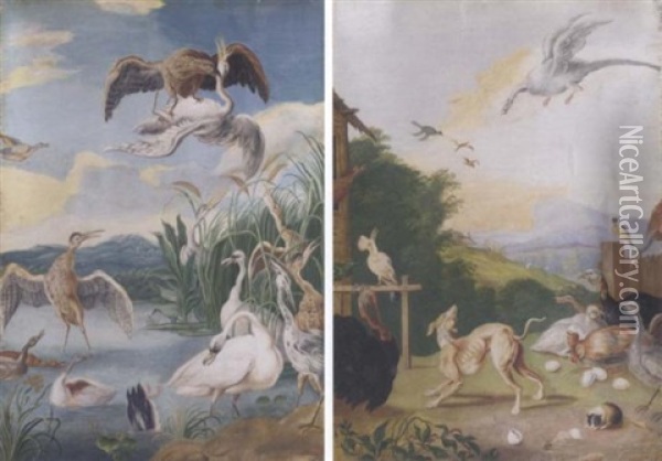 An Eagle Catching A Heron In Flight, Herons And Other Wildfowl On A Pond Below Oil Painting - Pieter Casteels III