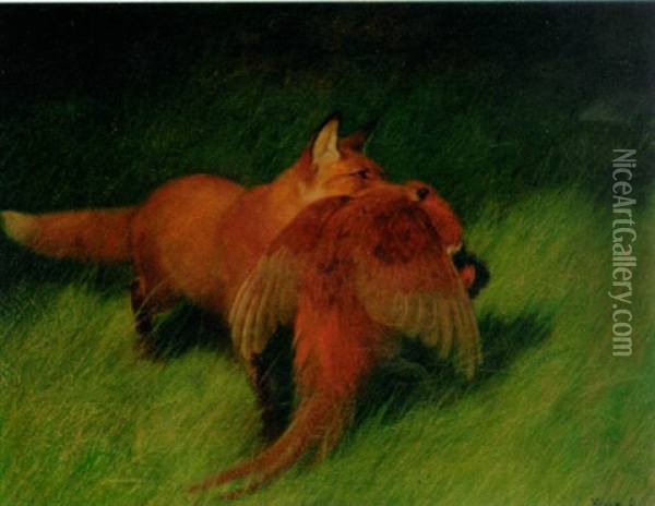 A Fox And A Pheasant Oil Painting - Arthur Heyer