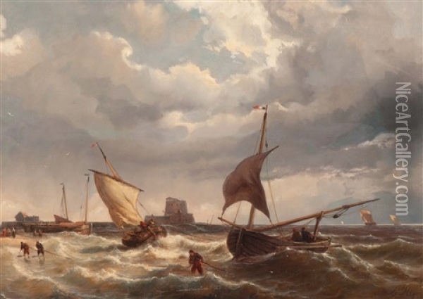 The Beaching Of The Bomschuiten Oil Painting - Johan Hendrik Meyer