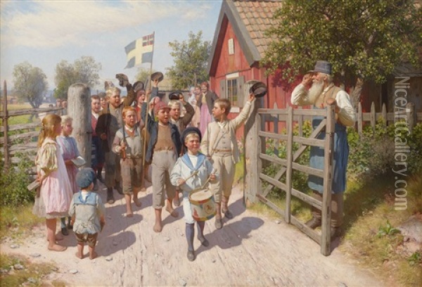 Det Gamla Och Det Unga Sverige - Sommarmotiv Fran Rotebro Oil Painting - August Malmstroem