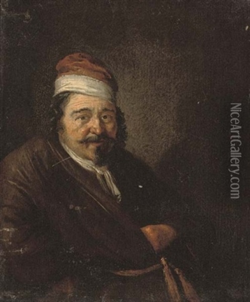 Portrait Of A Man In A Brown Gown And A Red Cap With White Trim Oil Painting - Adriaen Jansz van Ostade