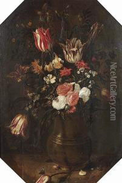 Tulips, Roses, Narcissi, Forget-me-nots And Other Flowers In A Bronze Vase On A Table Top With A Red Admiral Butterfly And A Bumblebee Oil Painting - Jacob Woutersz Vosmaer