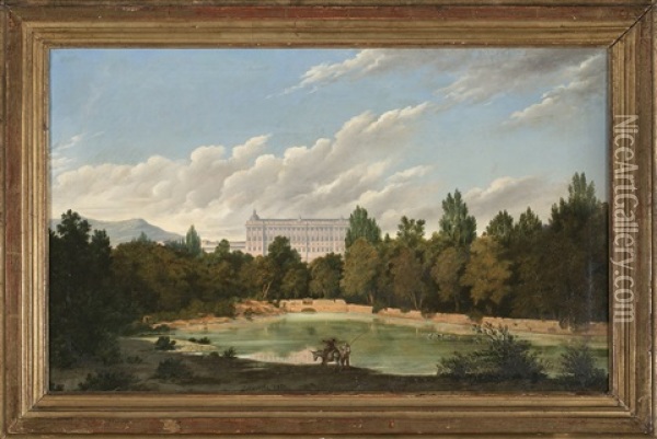 El Palacio Real De Madrid Desde El Campo Del Moro Oil Painting - Ramon Soldevila Trepat