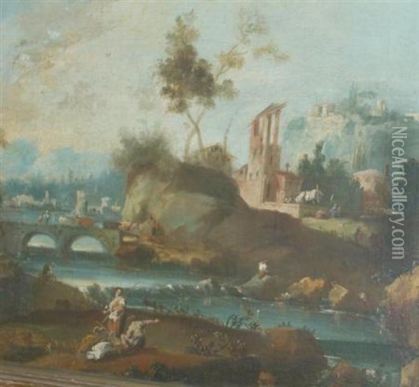 Figures In An Extensive Landscape With Ruins Oil Painting - Francesco Zuccarelli