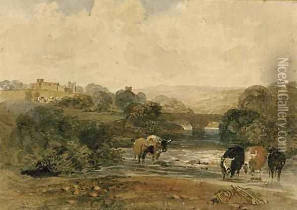 Cows beside the river, a castle on the hill beyond, in a rural landscape Oil Painting - Peter de Wint