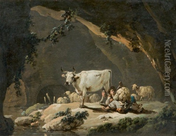 Bergers, Moutons Et Vache Dans Une Grotte Oil Painting - Jean Baptiste Pillement
