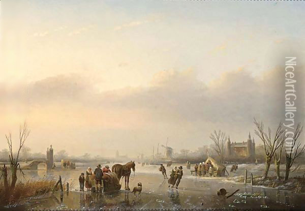 A Horse And Sledge On A Frozen Waterway Oil Painting - Jan Jacob Coenraad Spohler