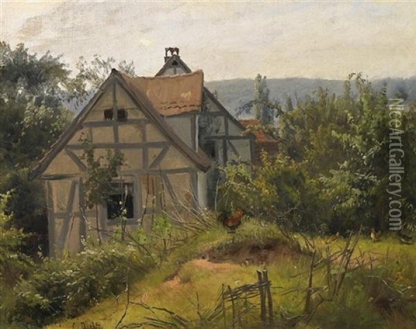 Sommertag Auf Dem Lande. Ein Hahn Vor Einer Fachwerkkate Am Waldesrand Oil Painting - Carl Jutz the Elder