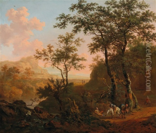 An Italianate Mountainous Landscape With Travellers Oil Painting - Dirk Dalens the Younger