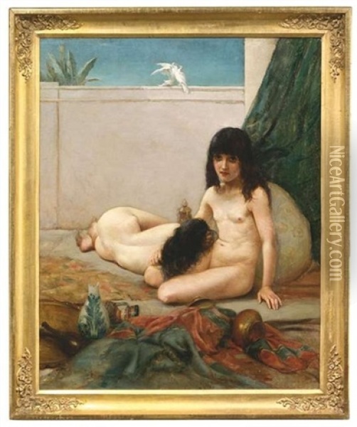 Zwei Orientalische Madchen Auf Einer Terrasse Oil Painting - Herbert Gustave Schmalz