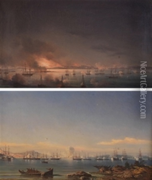 Dos Escenas Del Bombardeo De Bormarsund (pair) Oil Painting - Antoine Leon Morel-Fatio