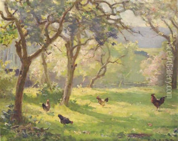 Chickens In A Wooded Glade Oil Painting - Ernest Higgins Rigg