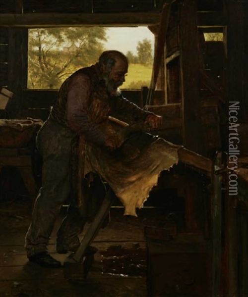 Preparing A Deer Hide In Barn Interior Oil Painting - John George Brown