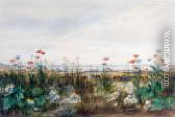 A Bank Of Wild Flowers With Cattle Grazing, A Coastal Town Beyond Oil Painting - Andrew Nicholl