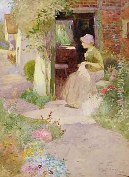 A Girl Sewing at the Door of a Cottage 1906 Oil Painting - Thomas Mackay