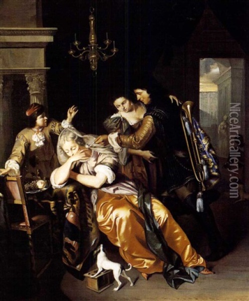 A Trumpeter Reviving With Pipe Smoke A Fainting Woman Oil Painting - Willem Verschuring the Younger