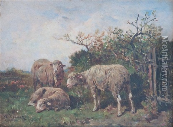 Moutons A L'abri D'une Haie Oil Painting - Felix Saturnin Brissot de Warville