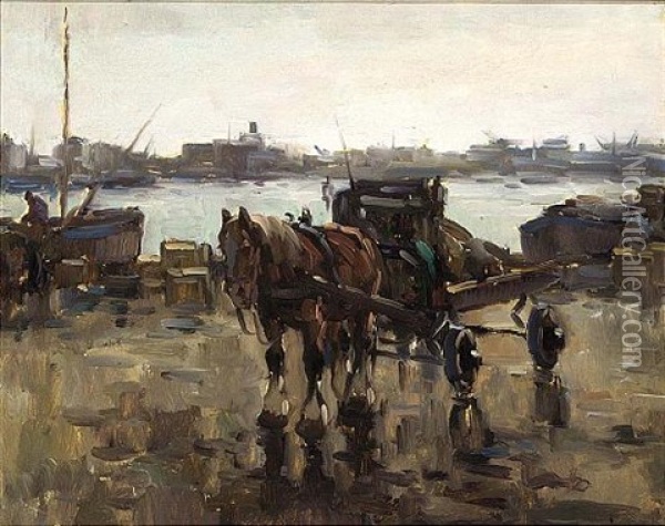 Horse And Carriage In The Harbour Oil Painting - Gijsbertus Johannes Van Overbeek