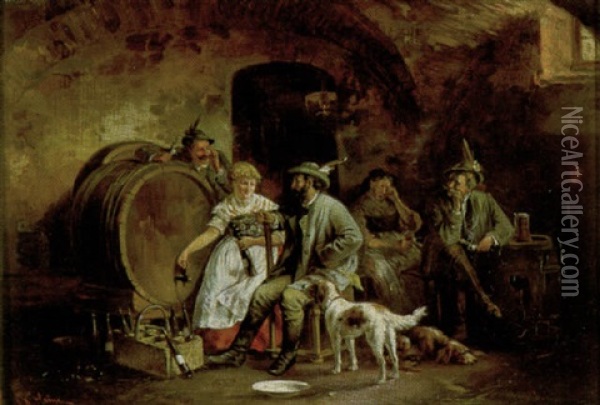 Zecherei Im Weinkeller Beim Abfullen Der Weinflaschen Oil Painting - Johann Adalbert Heine