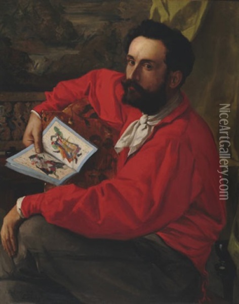 Portrait De Jose Maria De Heredia (?) Regardant Des Estampes Japonaises Oil Painting - Emmanuel Lansyer