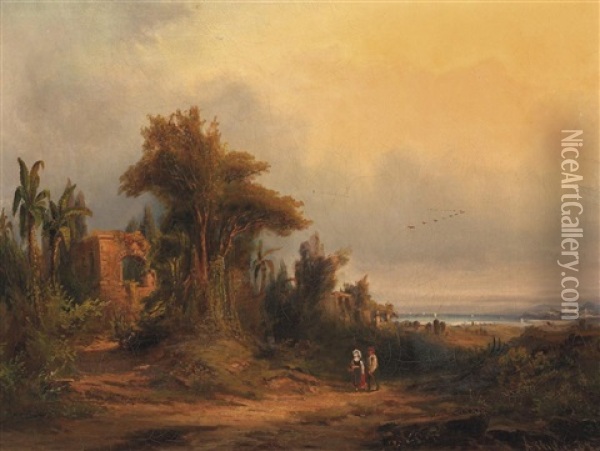 Abendstimmung An Der Suditalienischen Kuste Oil Painting - Heinrich Hiller