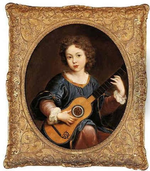 A Young Girl Playing A Guitar Oil Painting - Pierre Mignard the Elder