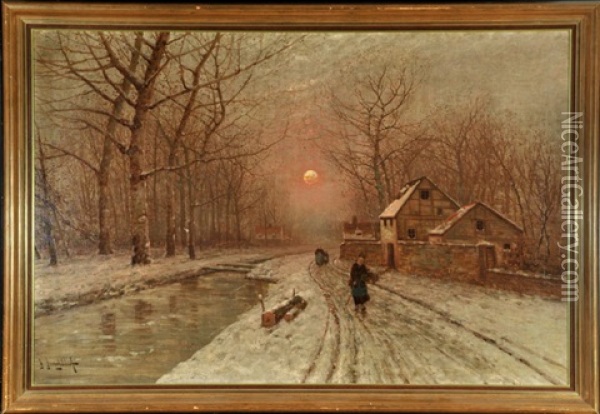 Abendstimmung Uber Winterlicher Dorfstrase Mit Personen Oil Painting - Johann Jungblut