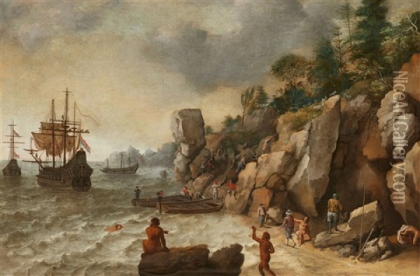 Coastal Landscape With Dutch Sailing Ships And A Hunting Scene Oil Painting - Isaac Willaerts