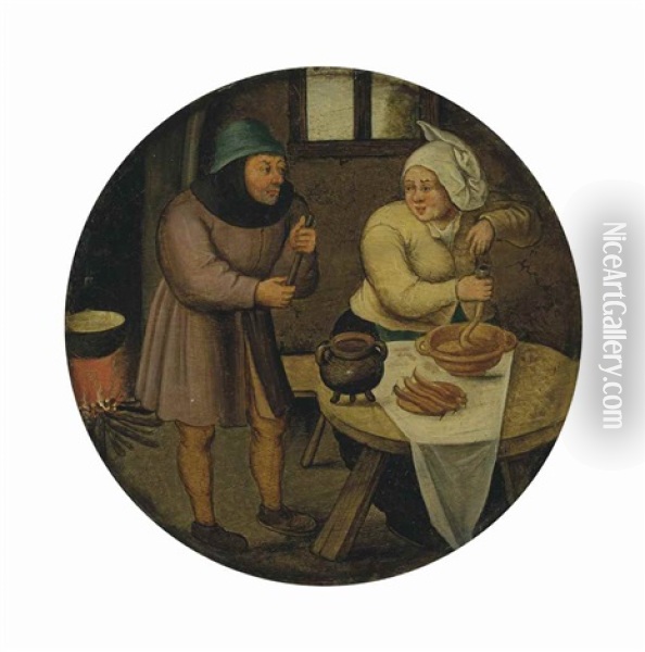 A Woman Making Sausages Oil Painting - Pieter Brueghel the Younger